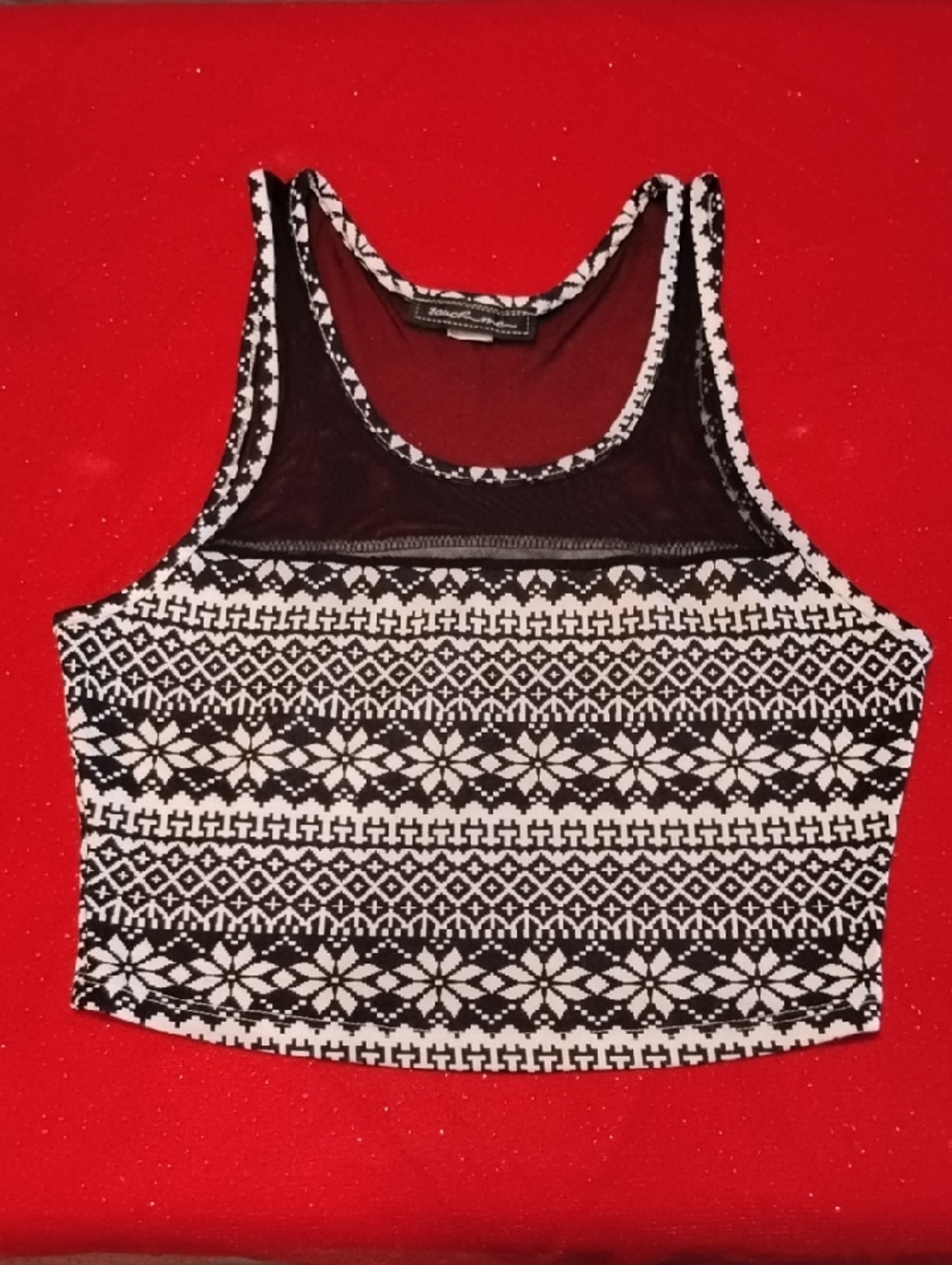 Black & White Fair Isle Mesh Yoke Crop Tank Top